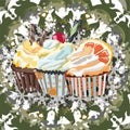 Green ornament illustration with festive cupcakes